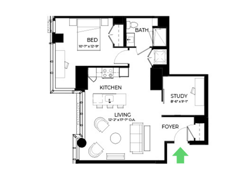Floor plan for 1 bed, 1 bath, 858 sqft